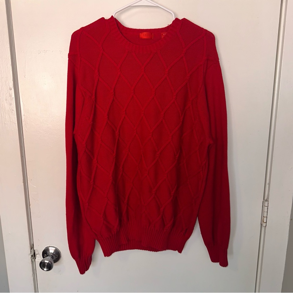 Vintage 90s Izod Men's Vibrant Red Cable Knit Crewneck Sweater. Size XL